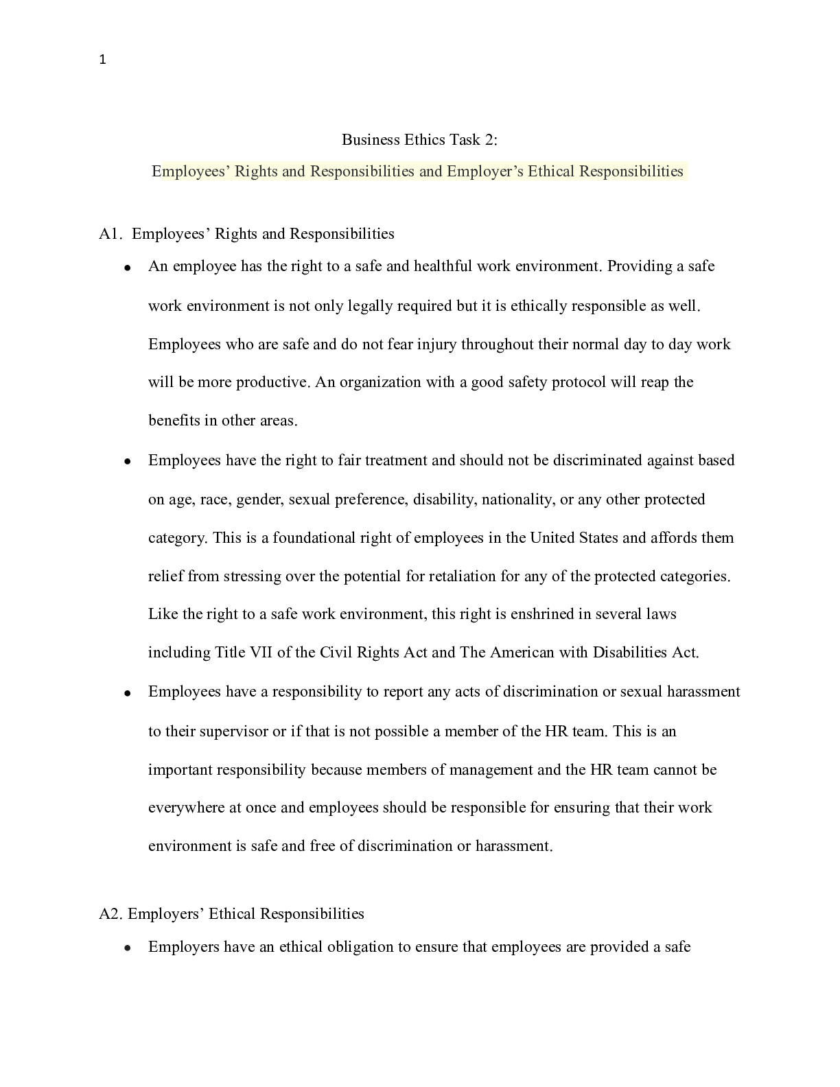 Preview of C717 Task 2 - ethics.docx    Business Ethics Task 2:  Employees Rights and Responsibilitie